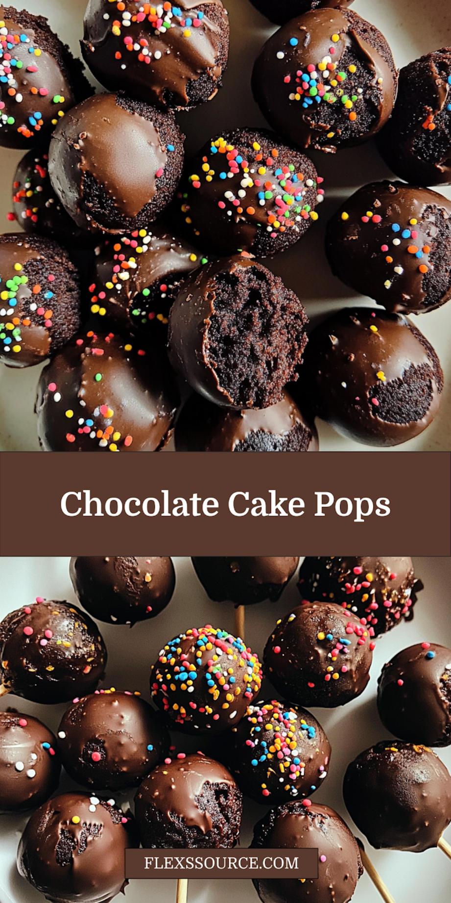 Chocolate cake pops homemade displayed on sticks with decorative sprinkles for Pinterest sharing