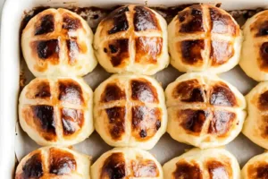 Hot Cross Buns Recipe Easy Homemade Delicious Treats HOT CROSS BUNS RECIPE centered hero view, clean and uncluttered
