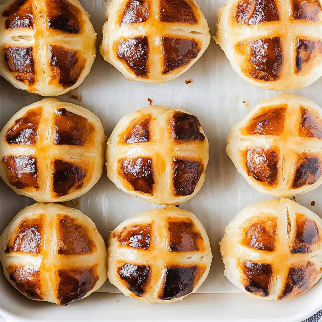 Hot Cross Buns Recipe Easy Homemade Delicious Treats 3 Hot cross buns with glossy apricot glaze and piped crosses, centered on a clean surface