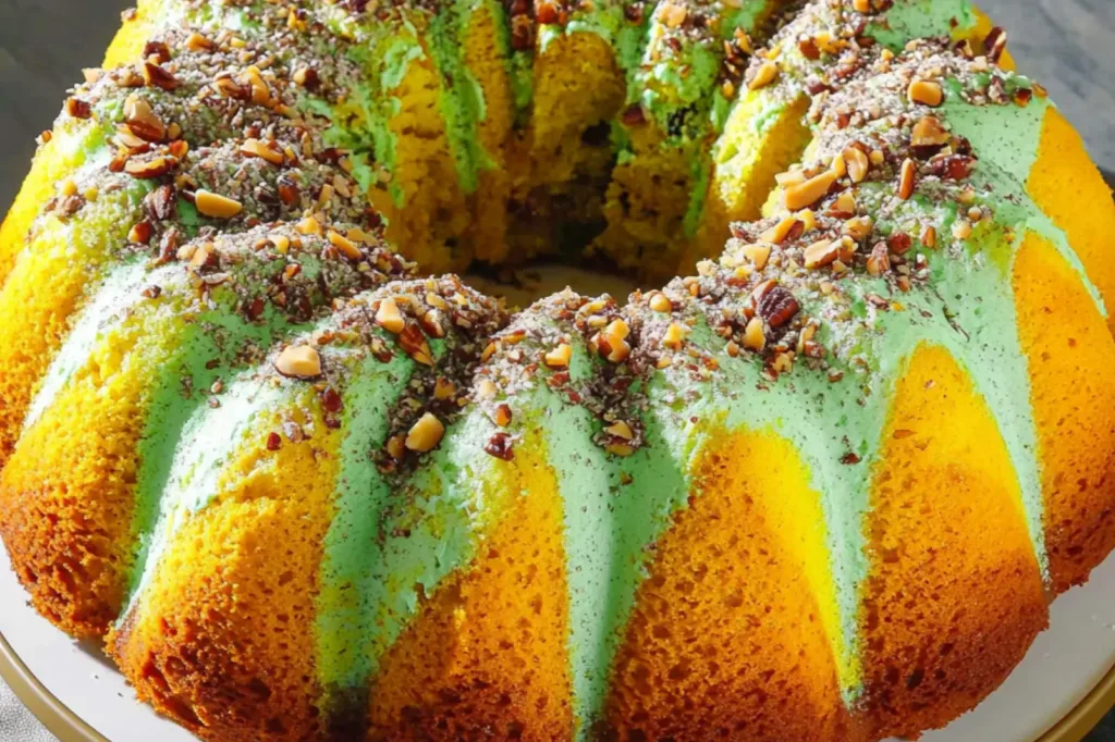 PISTACHIO NUT BUNDT CAKE centered hero view, clean and uncluttered