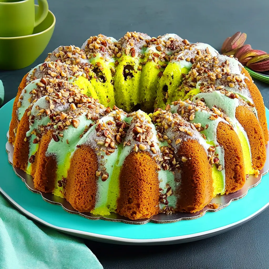 PISTACHIO NUT BUNDT CAKE centered hero view, clean and uncluttered