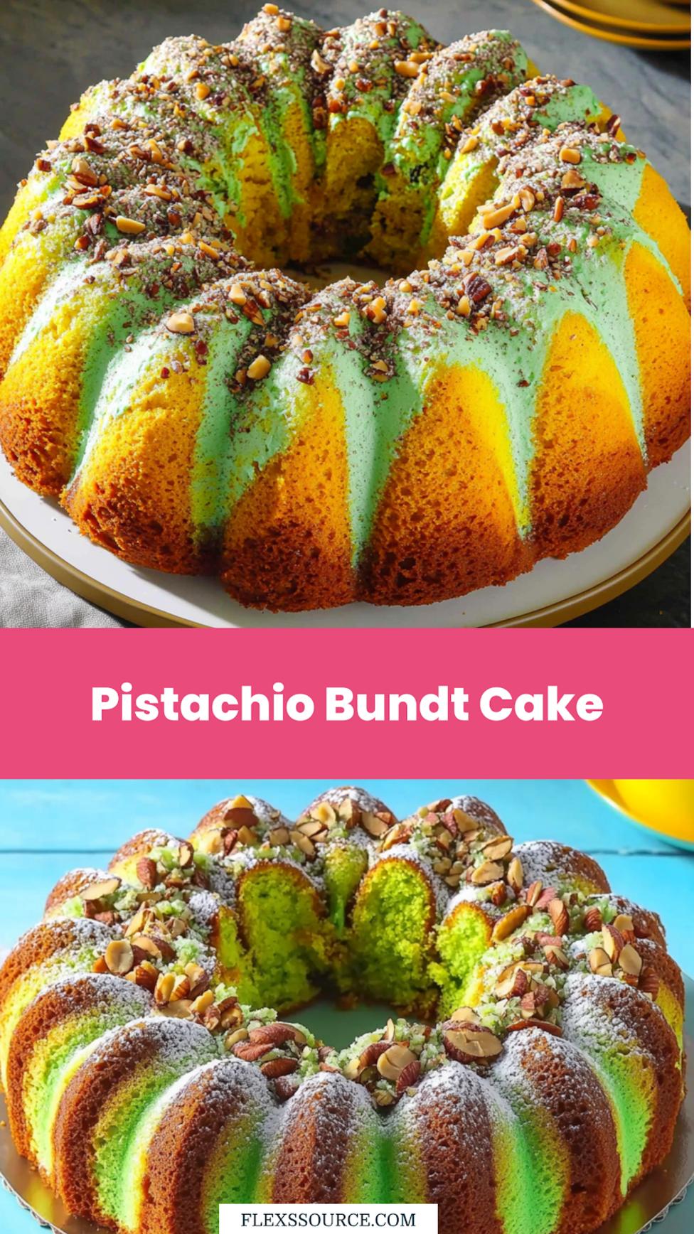 PISTACHIO NUT BUNDT CAKE centered hero view, clean and uncluttered