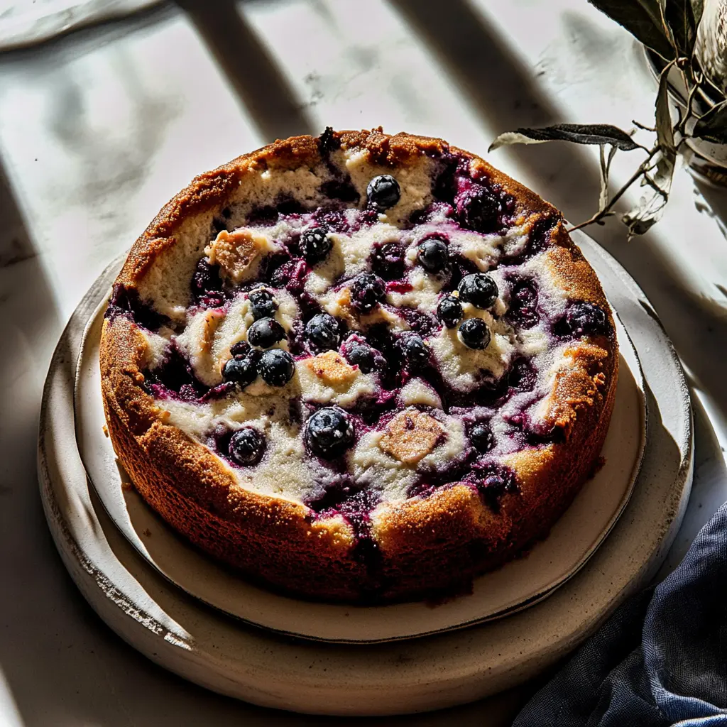 BLUEBERRY RICOTTA PUDDING CAKE centered hero view, clean and uncluttered