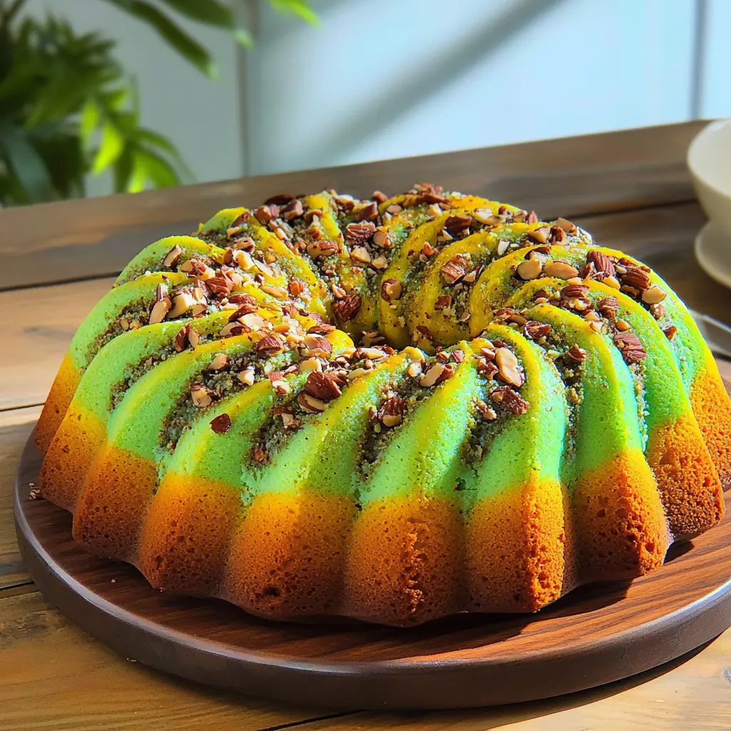 PISTACHIO NUT BUNDT CAKE centered hero view, clean and uncluttered