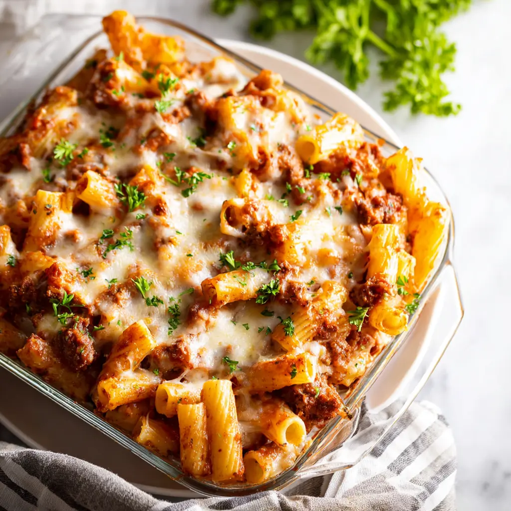 Baked Rigatoni Meat Sauce recipe, served and ready to eat, easy homemade dinner