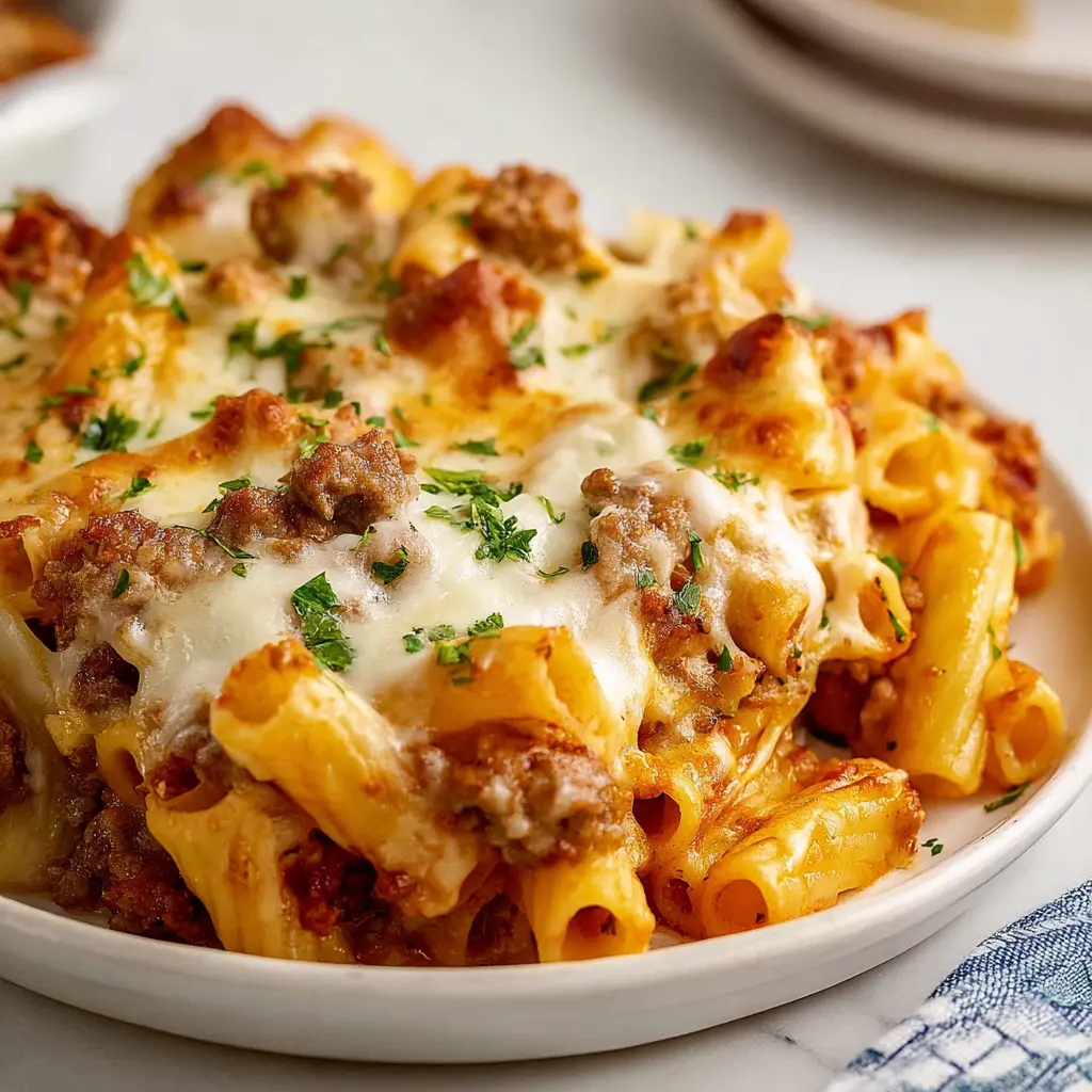 Baked Ziti Italian Sausage recipe, served and ready to eat, easy homemade dinner