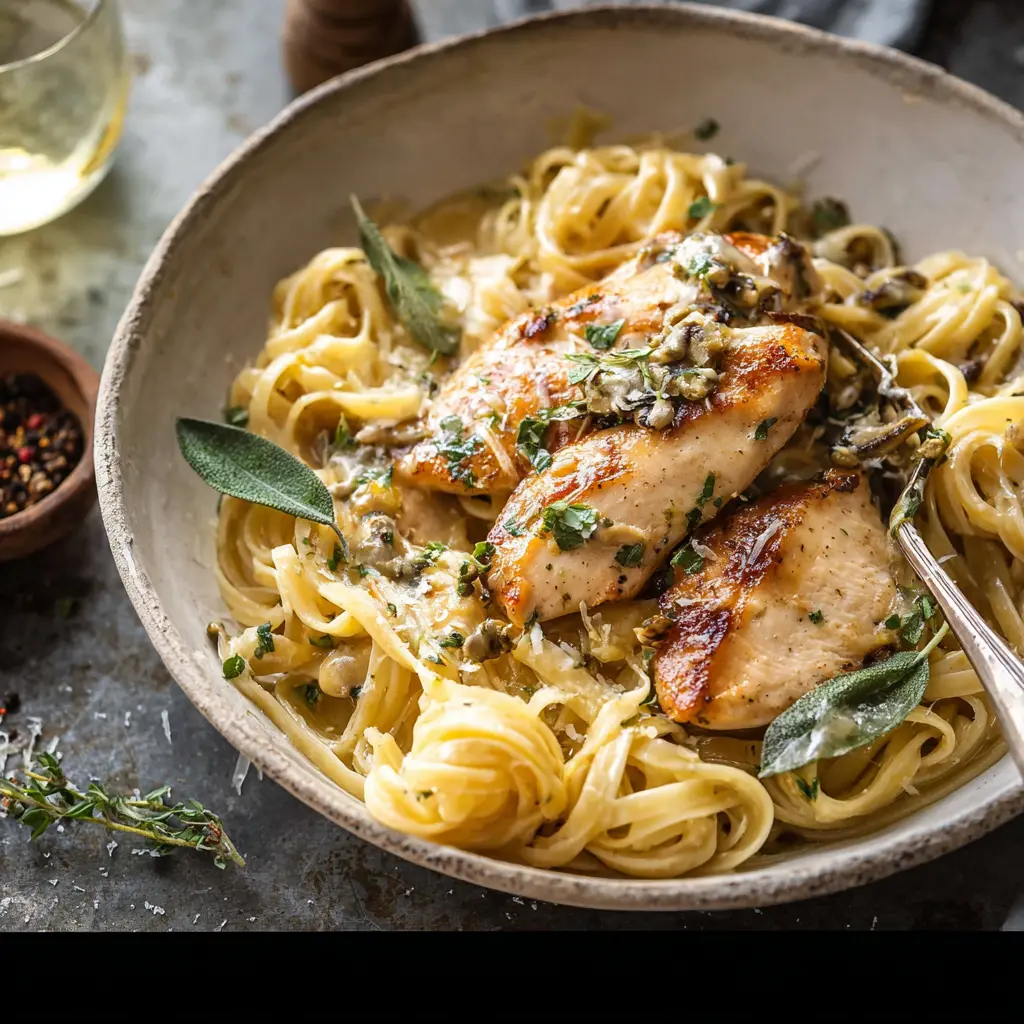 Chicken Piccata Pasta Sage Butter recipe, served and ready to eat, easy homemade dinner