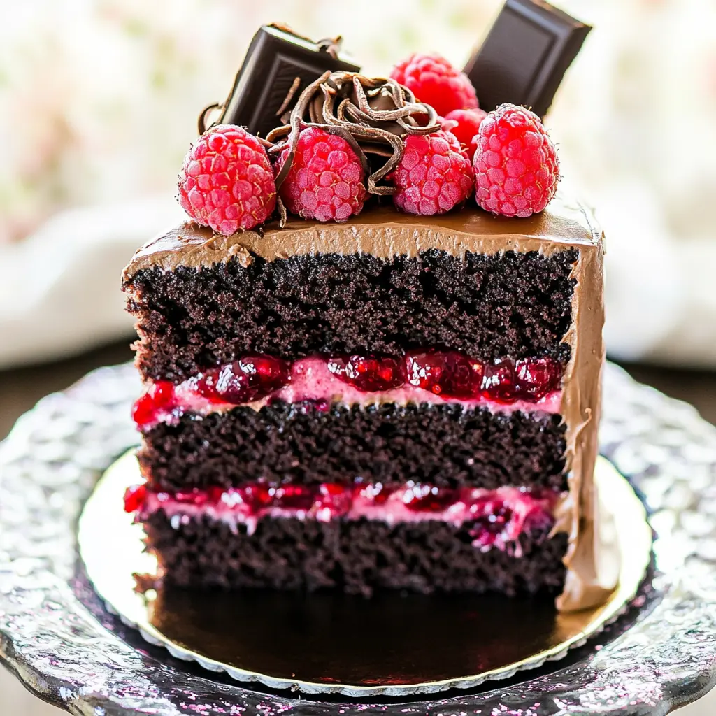 Chocolate Raspberry Layer Cake Recipe Easy and Decadent 2 CHOCOLATE RASPBERRY LAYER CAKE centered hero view, clean and uncluttered