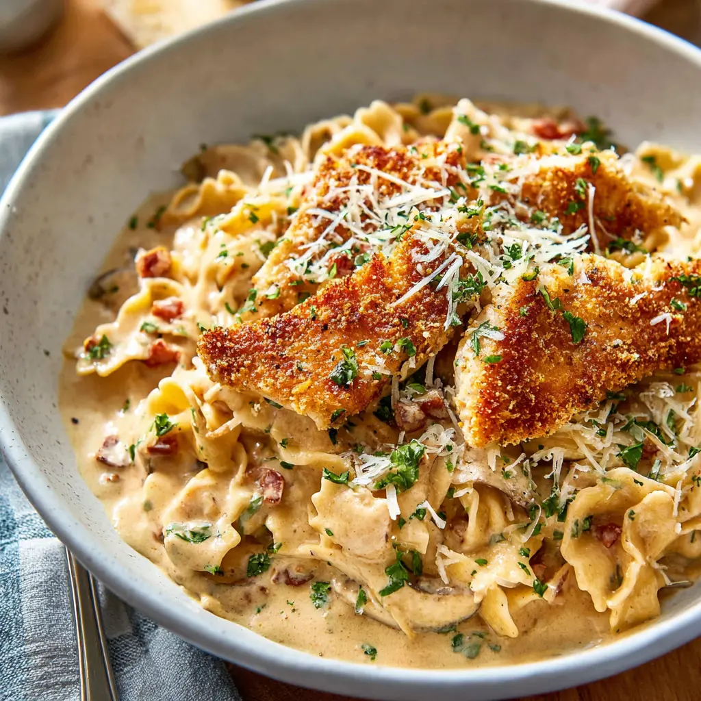 Creamy Parmesan Chicken Pasta recipe, served and ready to eat, easy homemade dinner