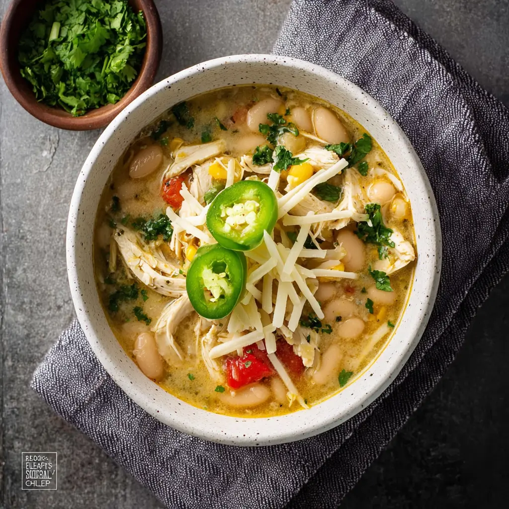 Crockpot White Chicken Chili recipe, served and ready to eat, easy homemade dinner