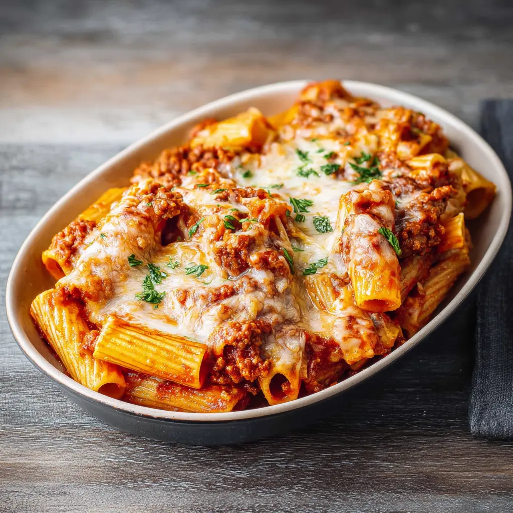 Giant Sausage Stuffed Rigatoni recipe, served and ready to eat, easy homemade dinner