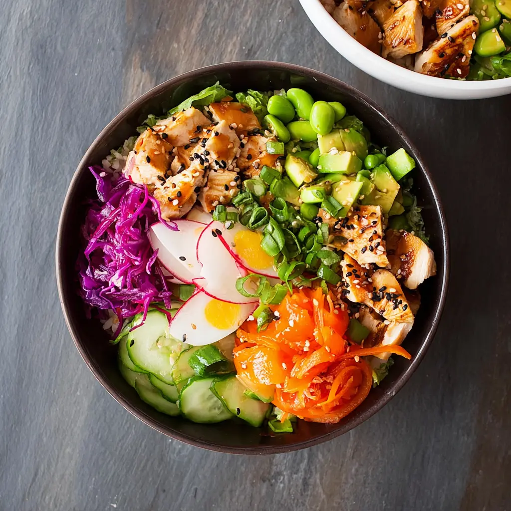 High Protein Chicken Poke Bowl recipe, served and ready to eat, easy homemade dinner