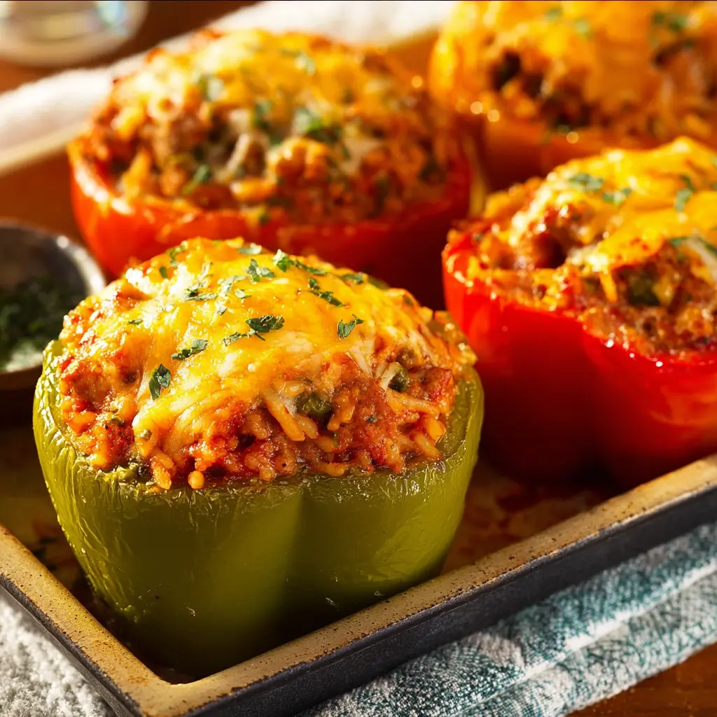 Italian Stuffed Peppers Sausage Rice recipe, served and ready to eat, easy homemade dinner