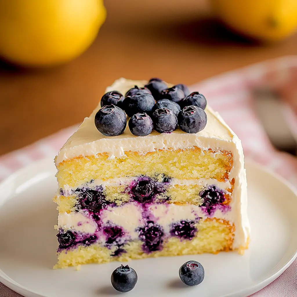 Lemon Blueberry Layer Cake Recipe Easy and Stunning 2 LEMON BLUEBERRY LAYER CAKE centered hero view, clean and uncluttered