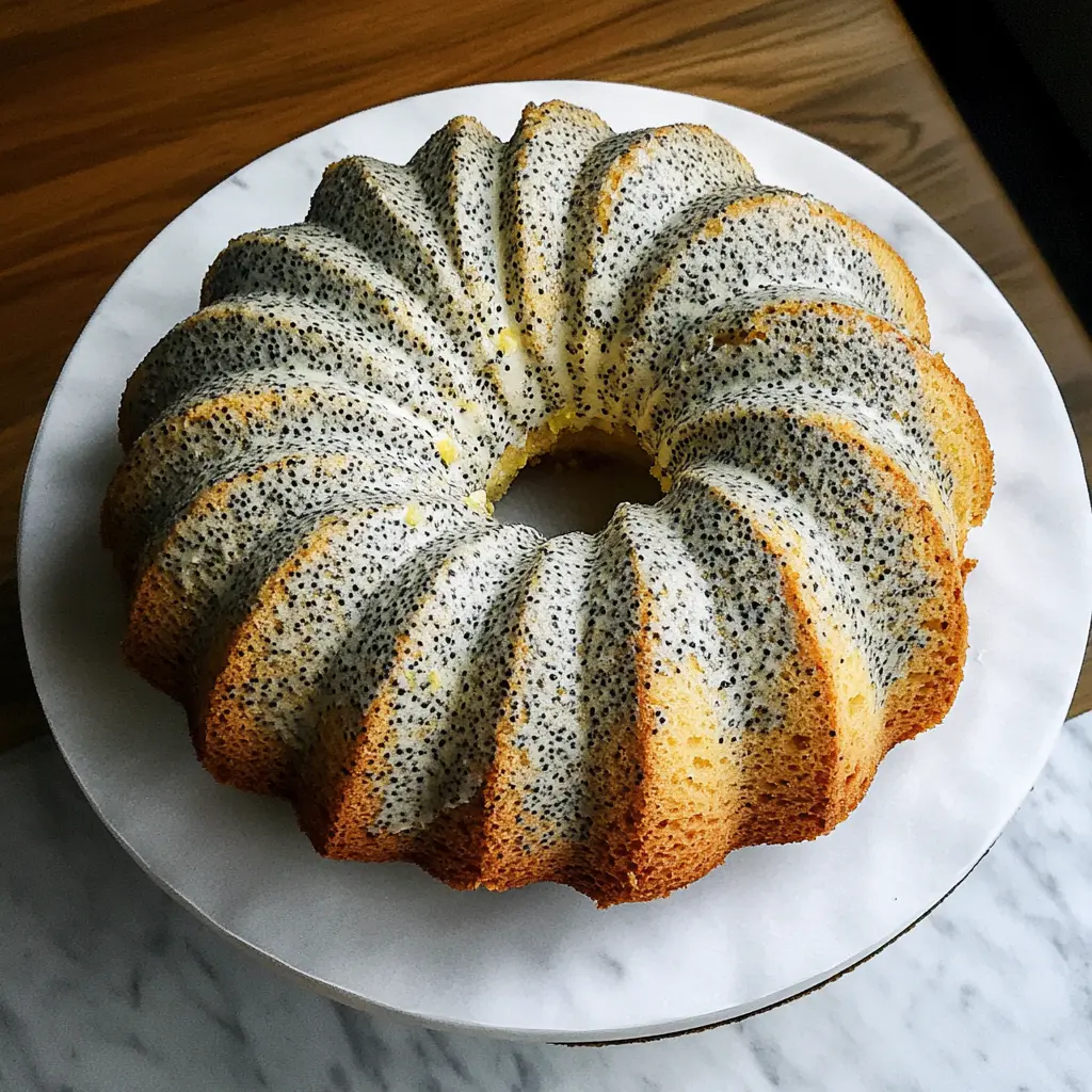 LEMON POPPY SEED BUNDT CAKE centered hero view, clean and uncluttered