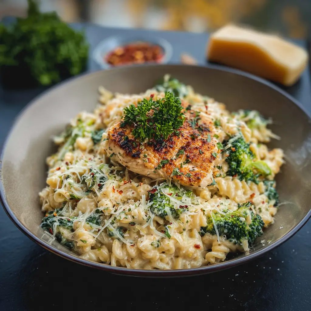 Parmesan Chicken Florentine Broccoli Pasta recipe, served and ready to eat, easy homemade dinner
