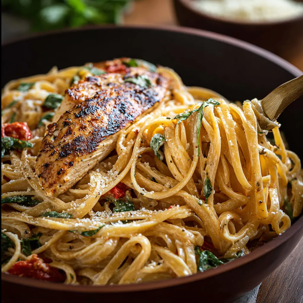 Spicy Tuscan Chicken Pasta recipe, served and ready to eat, easy homemade dinner