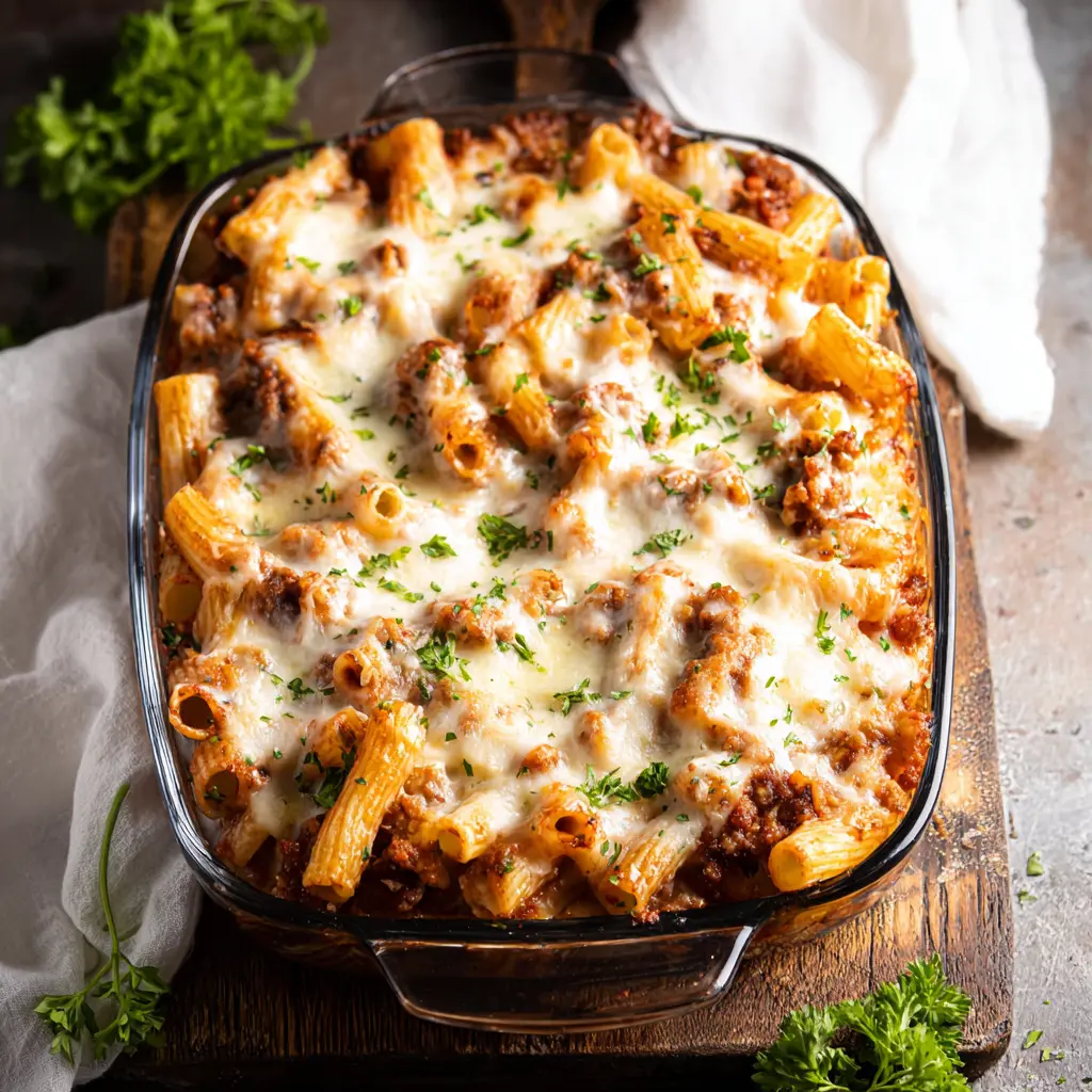 Baked Rigatoni Meat Sauce recipe, served and ready to eat, easy homemade dinner