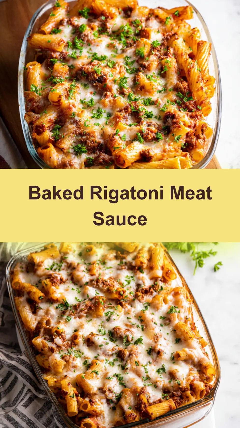 Baked Rigatoni Meat Sauce recipe, served and ready to eat, easy homemade dinner