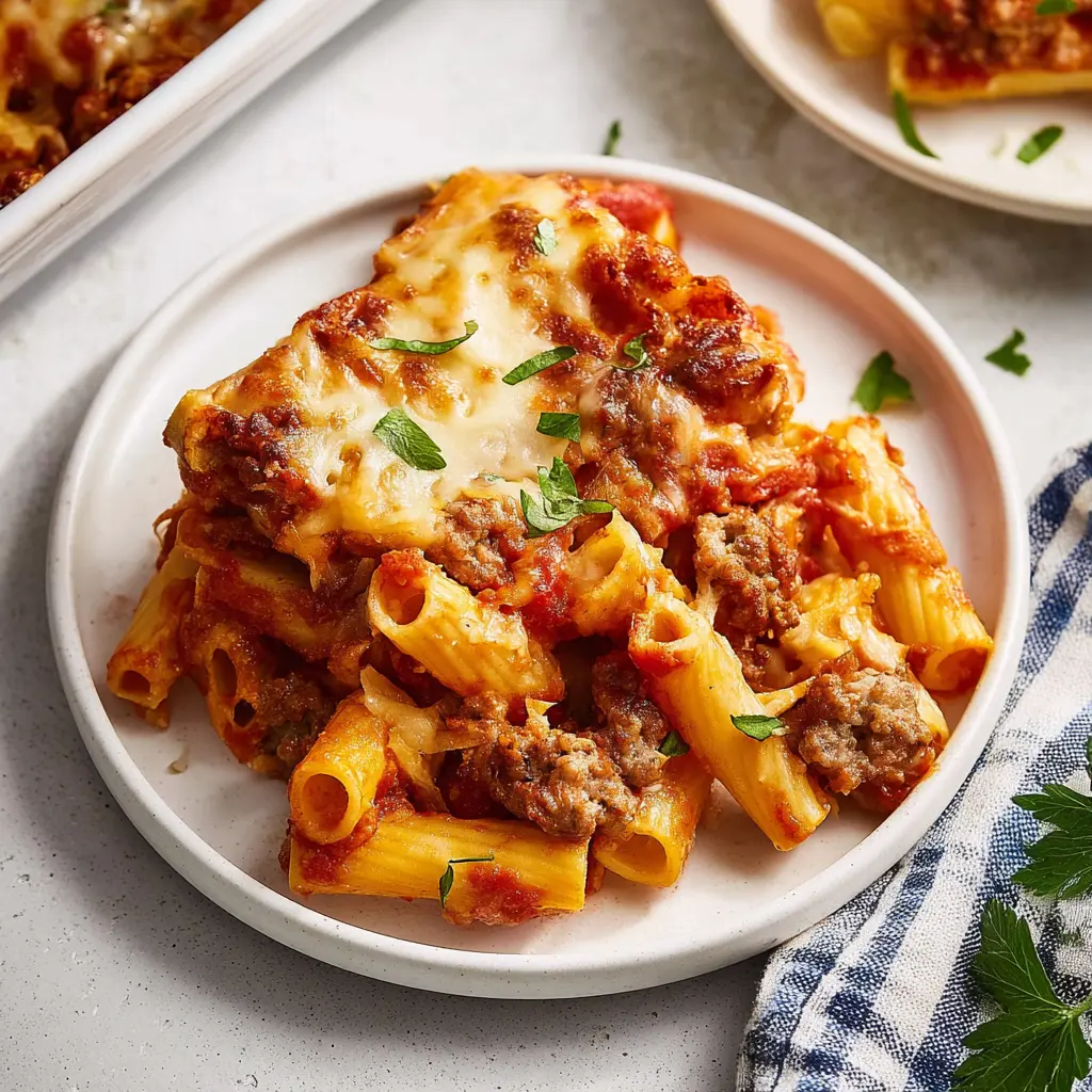 Baked Ziti Italian Sausage recipe, served and ready to eat, easy homemade dinner