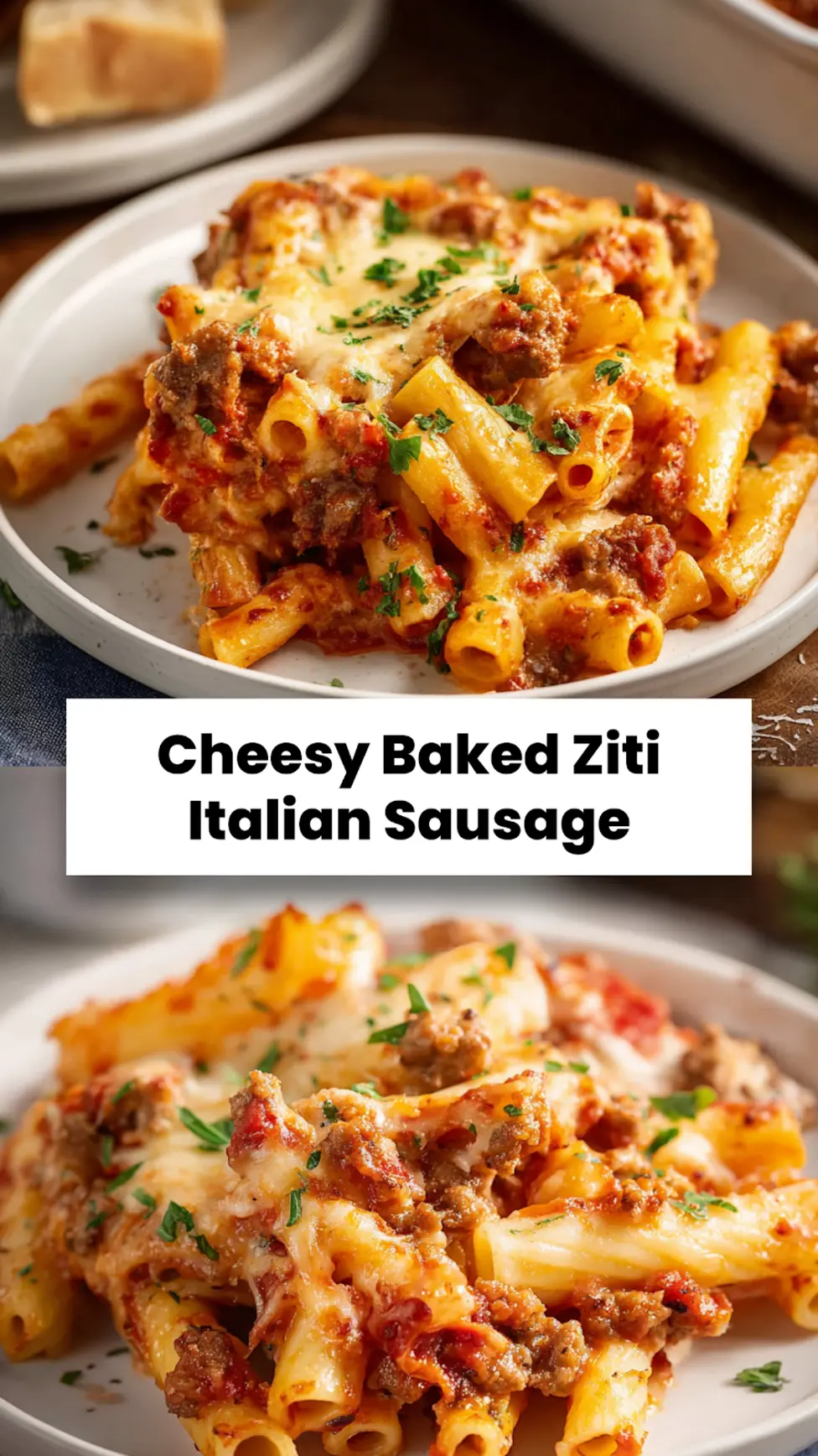 Baked Ziti Italian Sausage recipe, served and ready to eat, easy homemade dinner
