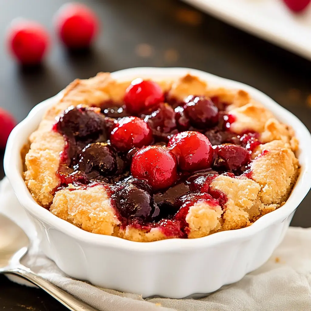 Cherry dump cake with three ingredients, golden buttery topping over bubbling cherry filling