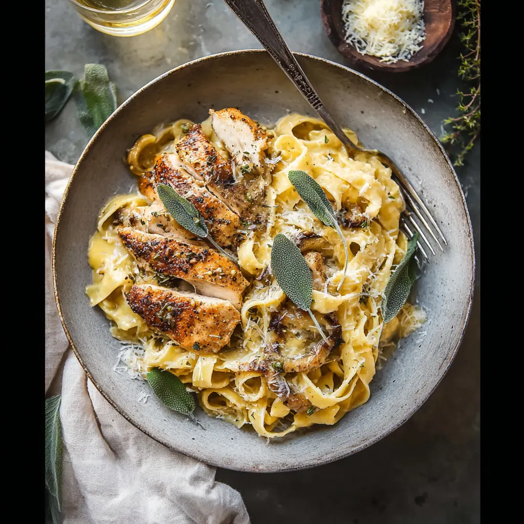 Chicken Piccata Pasta Sage Butter served and ready to eat, easy homemade dinner