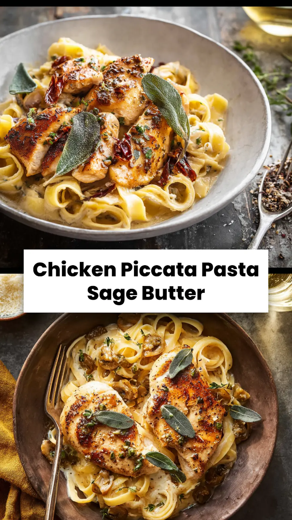Chicken Piccata Pasta Sage Butter recipe, served and ready to eat, easy homemade dinner