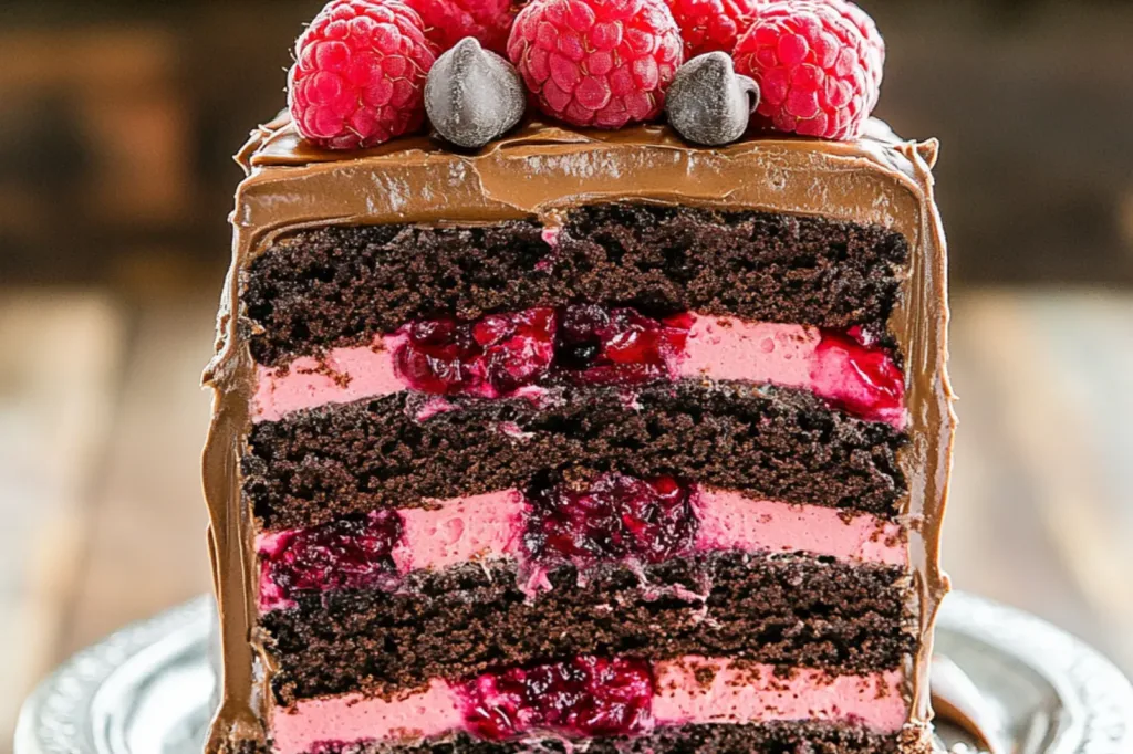 CHOCOLATE RASPBERRY LAYER CAKE centered hero view, clean and uncluttered