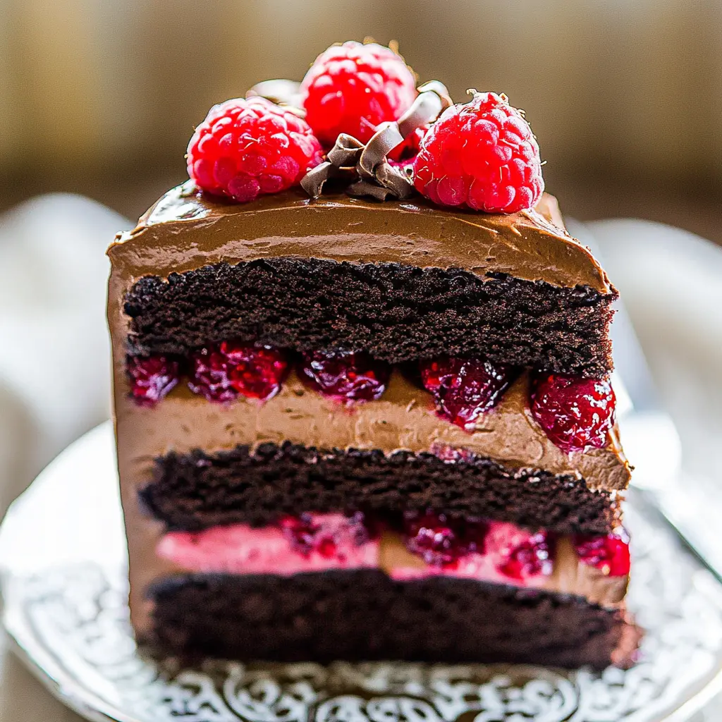 Best Chocolate Raspberry Layer Cake Recipe Ever 3 Chocolate Raspberry Layer Cake centered hero view, clean and uncluttered