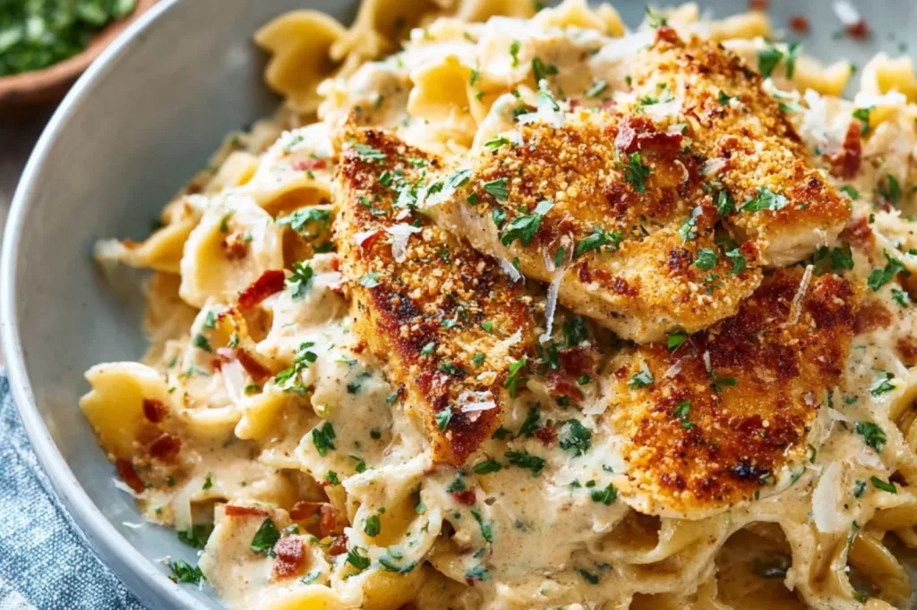 Creamy Parmesan Chicken Pasta recipe, served and ready to eat, easy homemade dinner