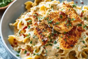 Creamy Parmesan Chicken Pasta recipe, served and ready to eat, easy homemade dinner