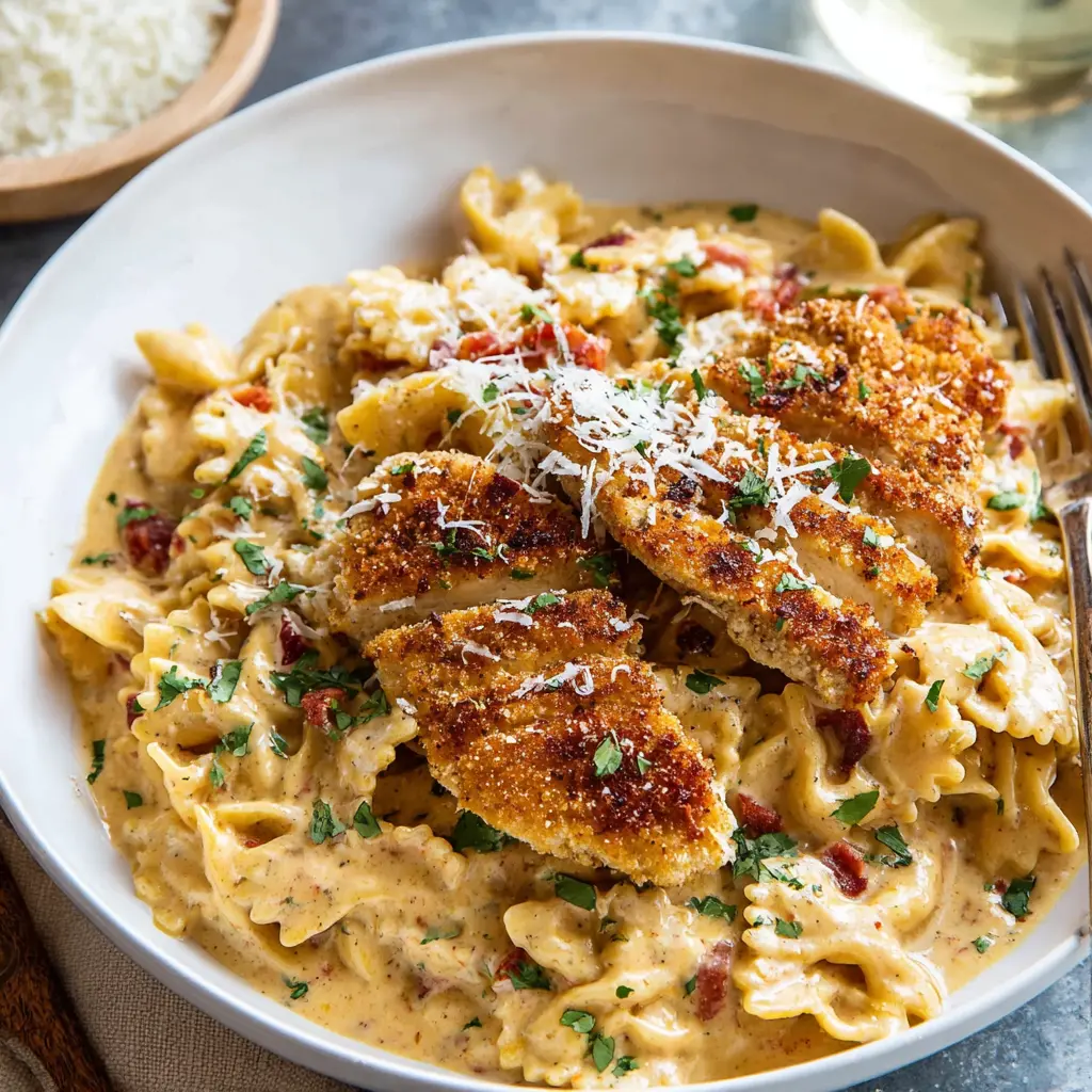 Creamy Parmesan Chicken Pasta recipe, served and ready to eat, easy homemade dinner