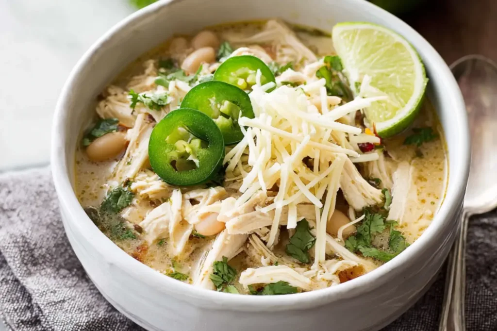 Crockpot White Chicken Chili recipe, served and ready to eat, easy homemade dinner