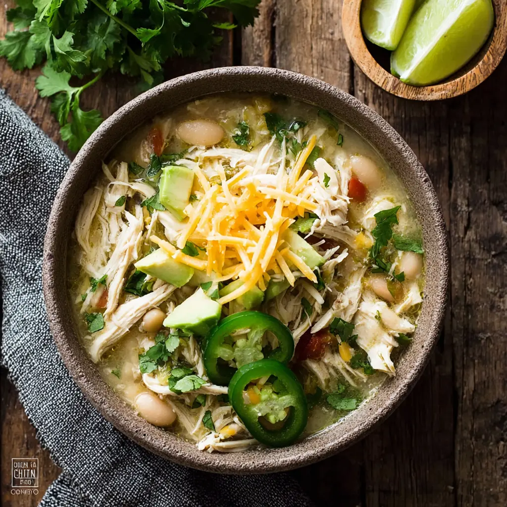Crockpot White Chicken Chili recipe, served and ready to eat, easy homemade dinner