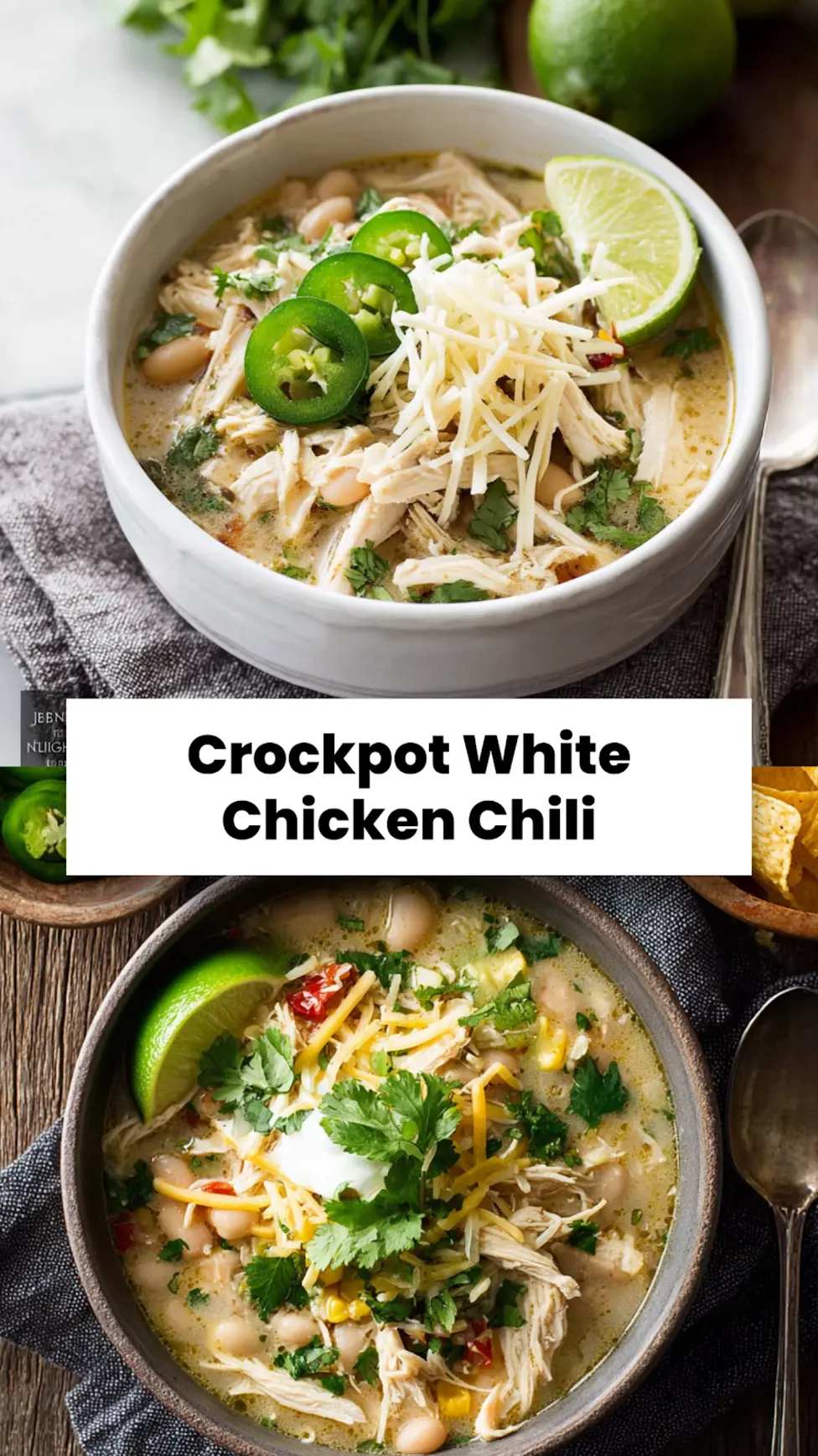Crockpot White Chicken Chili recipe, served and ready to eat, easy homemade dinner
