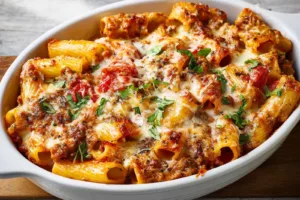 Giant Sausage Stuffed Rigatoni recipe, served and ready to eat, easy homemade dinner