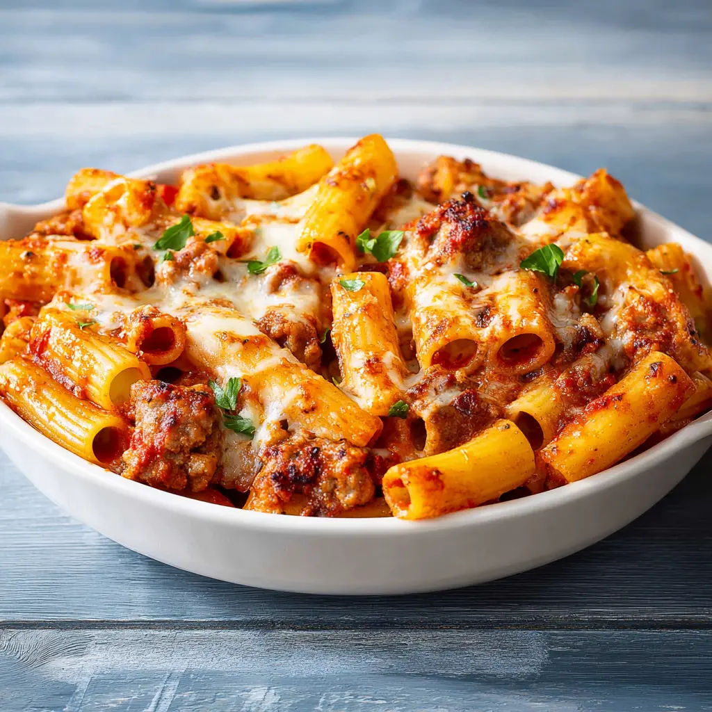 Giant Sausage Stuffed Rigatoni recipe, served and ready to eat, easy homemade dinner