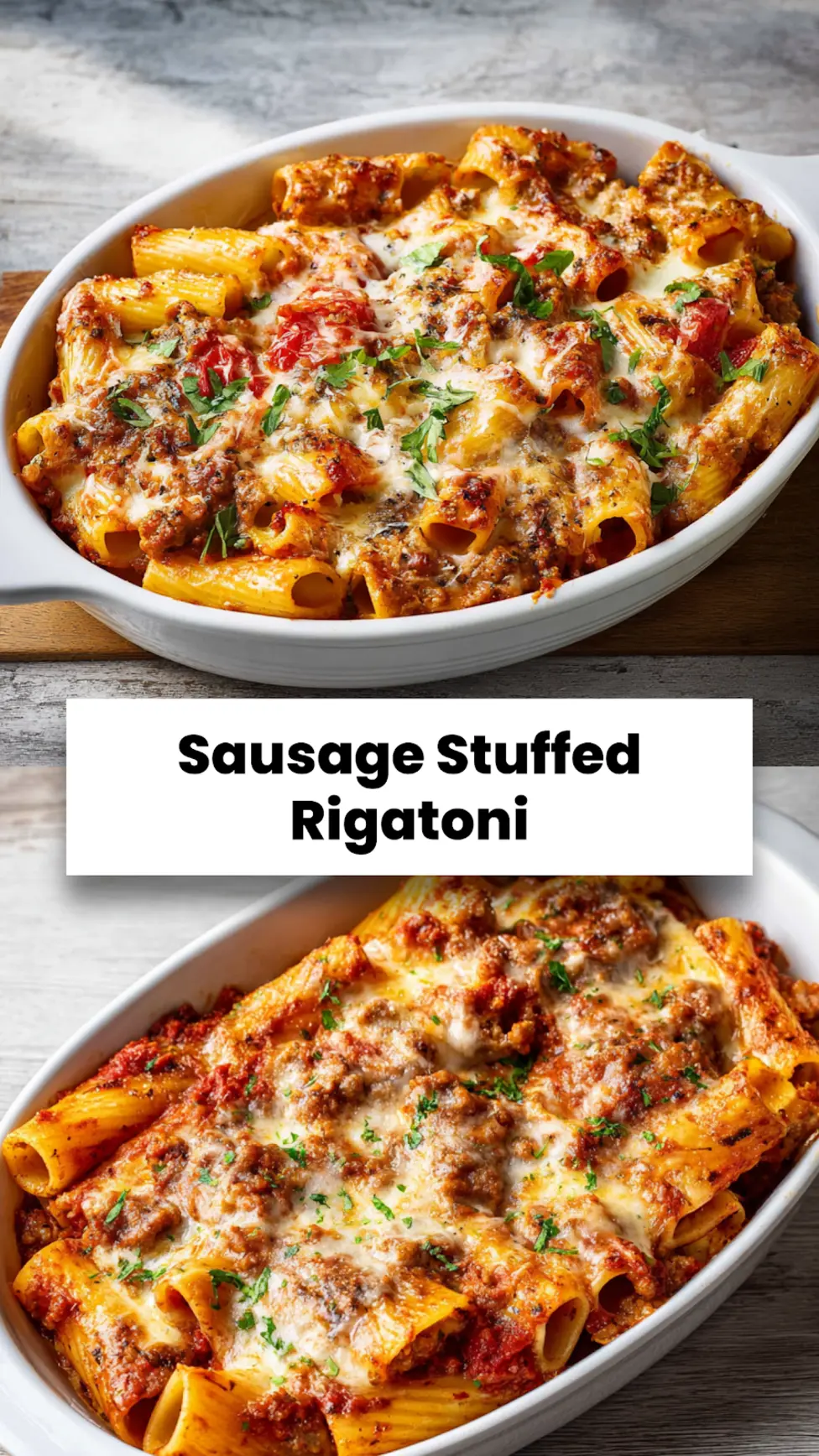 Giant Sausage Stuffed Rigatoni recipe, served and ready to eat, easy homemade dinner_pin