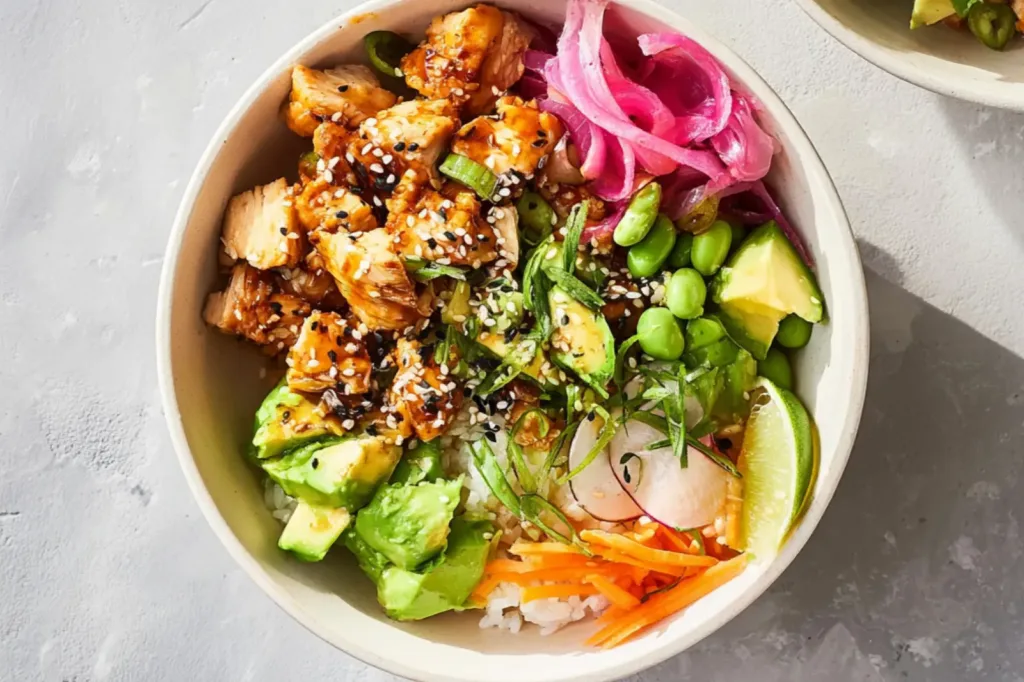 High Protein Chicken Poke Bowl recipe, served and ready to eat, easy homemade dinner