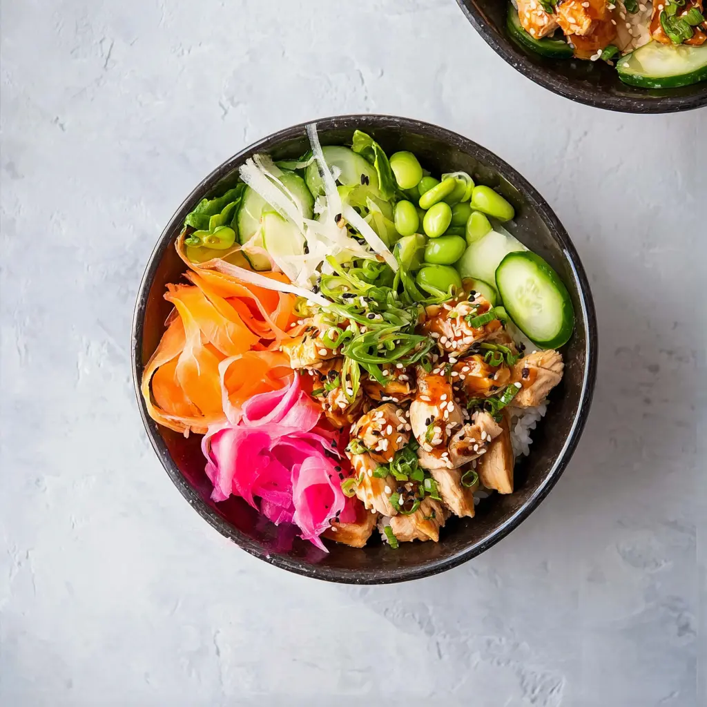 High Protein Chicken Poke Bowl recipe, served and ready to eat, easy homemade dinner