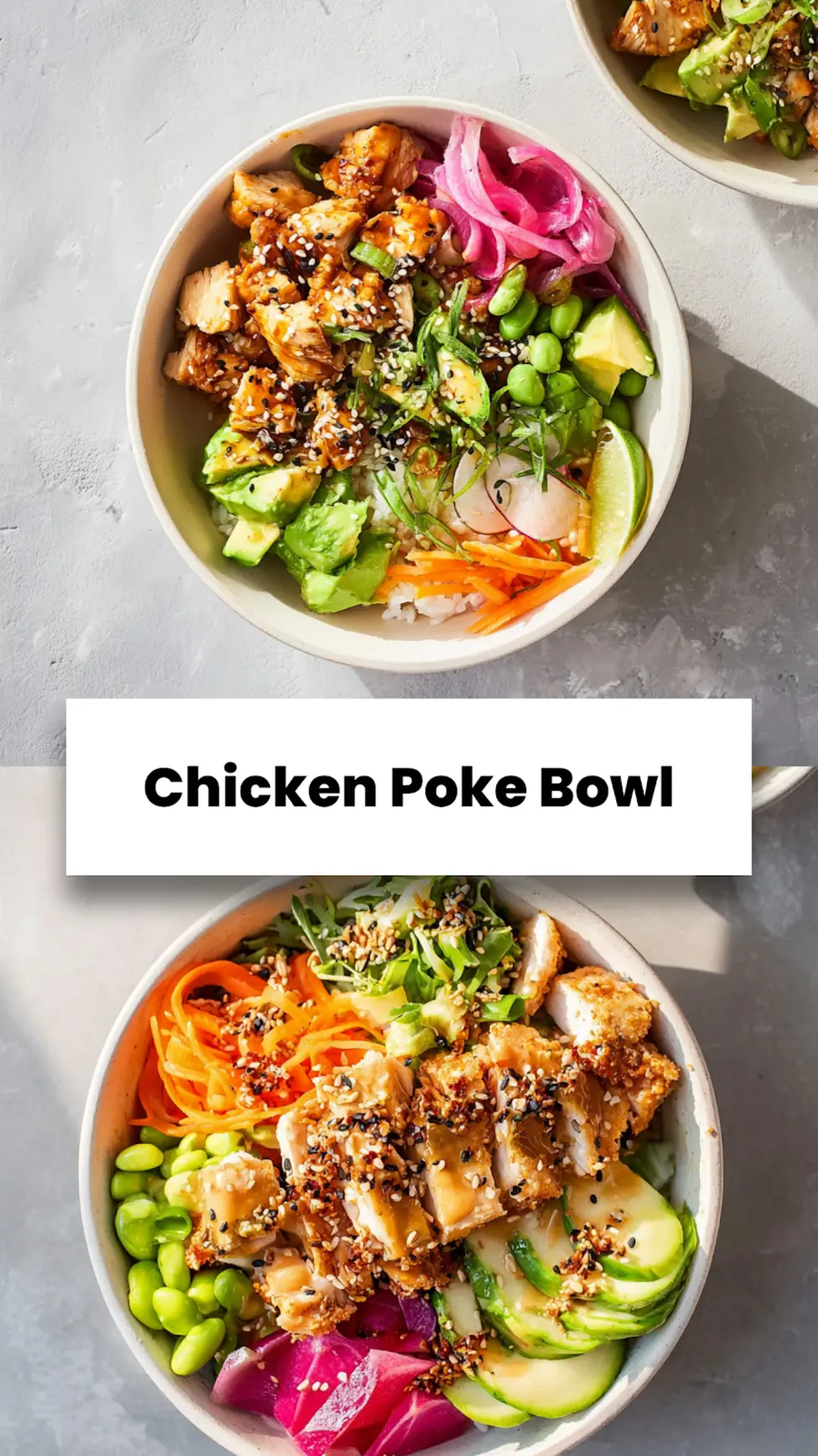 High Protein Chicken Poke Bowl recipe, served and ready to eat, easy homemade dinner