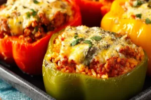Italian Stuffed Peppers Sausage Rice recipe, served and ready to eat, easy homemade dinner