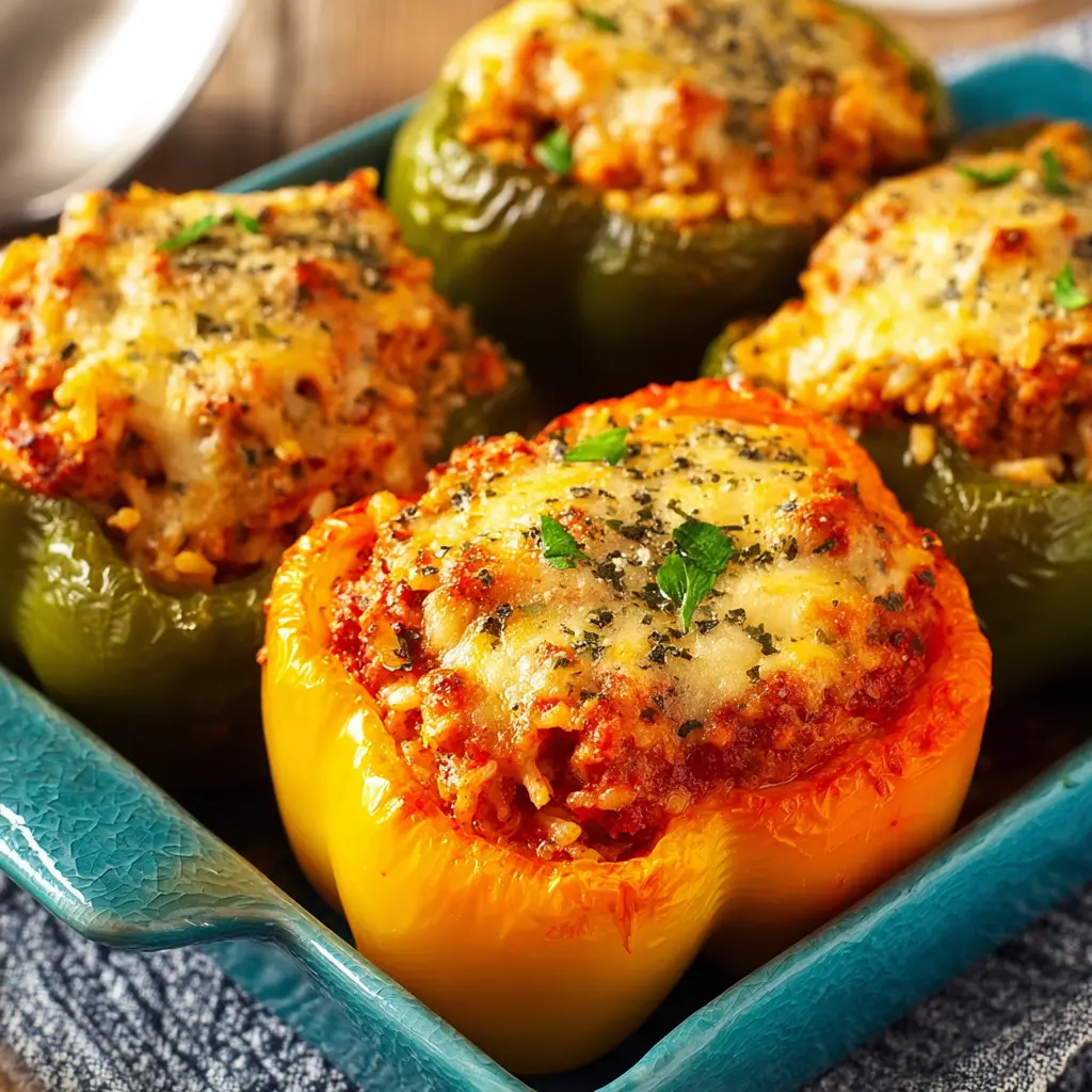Italian stuffed peppers with sausage and rice, served and ready to eat  easy homemade dinner