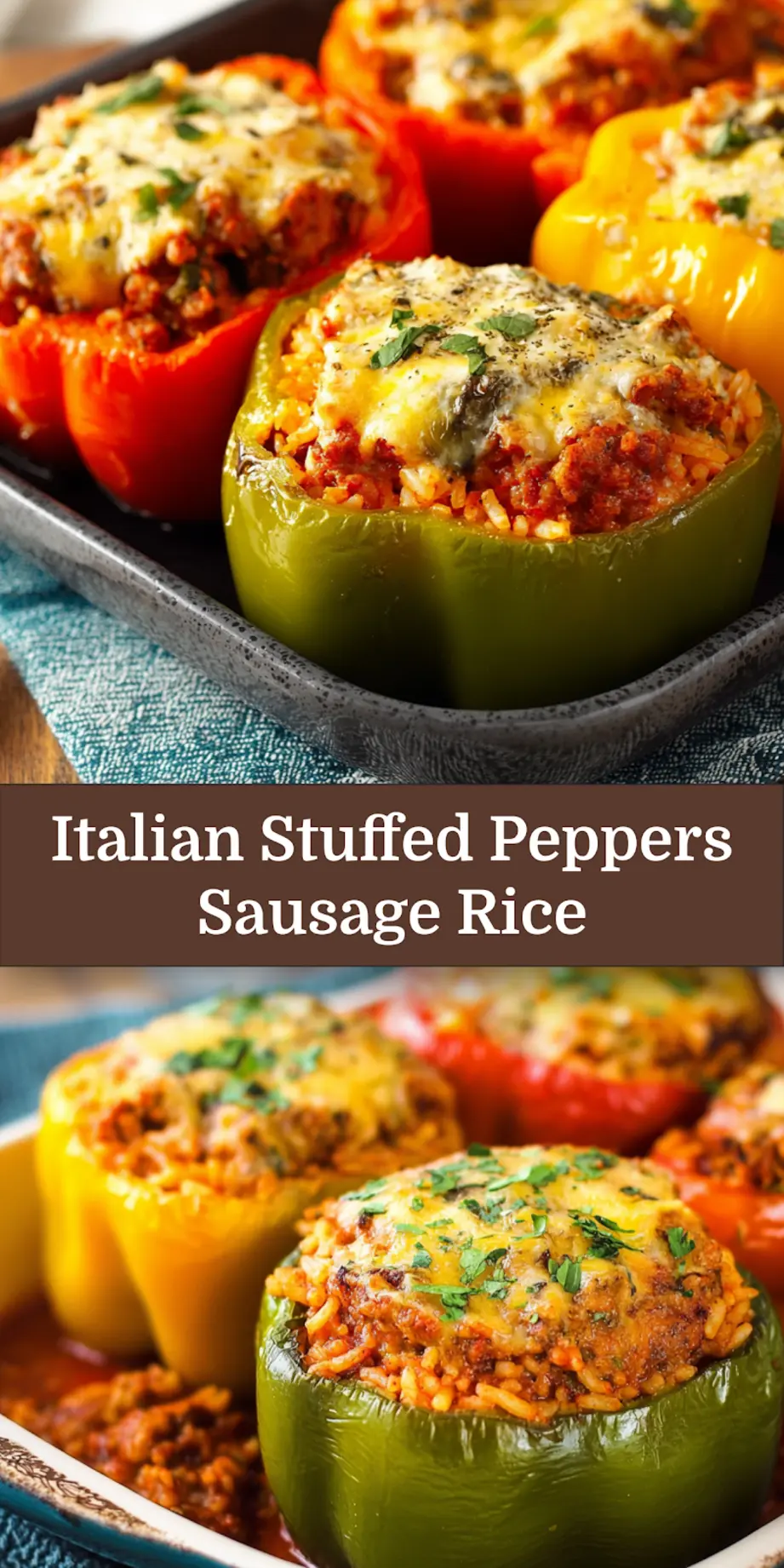 Italian stuffed peppers with sausage and rice, served and ready to eat  easy homemade dinner