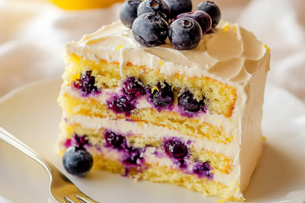 LEMON BLUEBERRY LAYER CAKE centered hero view, clean and uncluttered