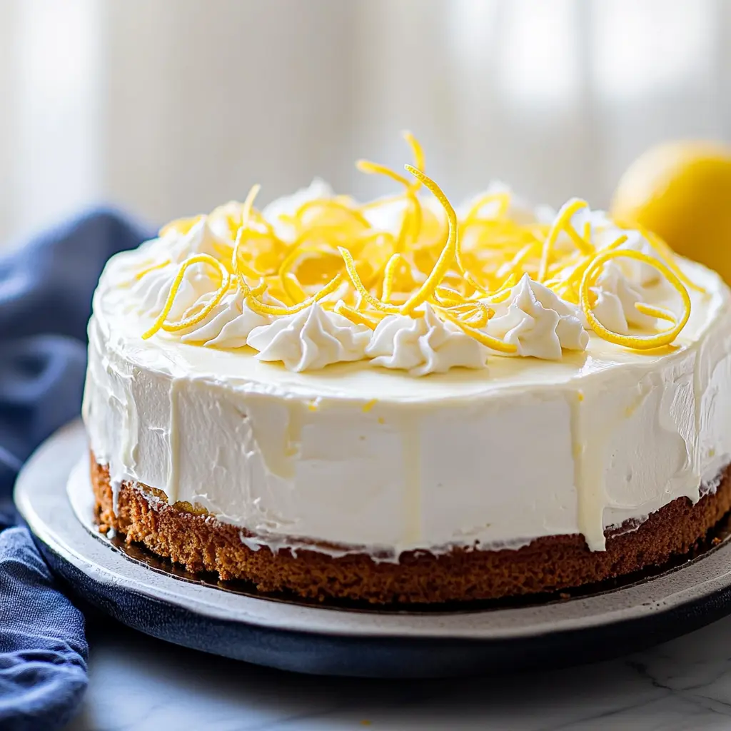 Lemon Cheesecake Cake Recipe Easy Homemade Dessert 3 Lemon Cheesecake Cake with golden curd topping on a white cake stand