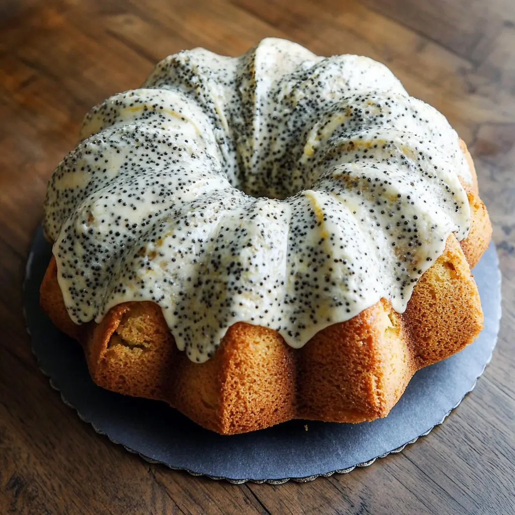 Lemon Poppy Seed Bundt Cake with cream cheese glaze dripping down golden ridges