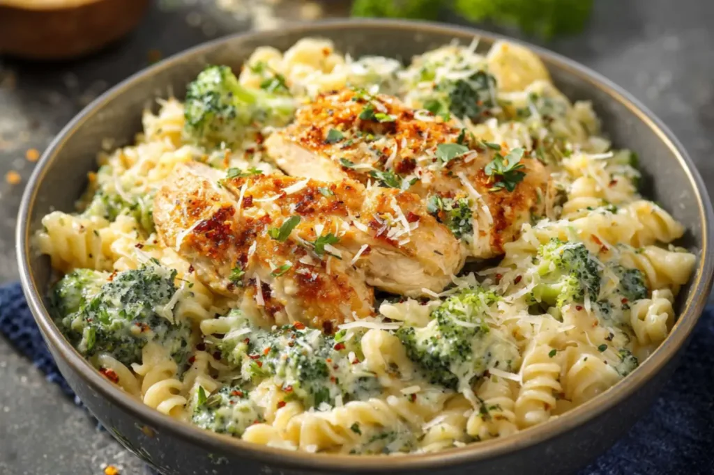 Parmesan Chicken Florentine Broccoli Pasta recipe, served and ready to eat, easy homemade dinner