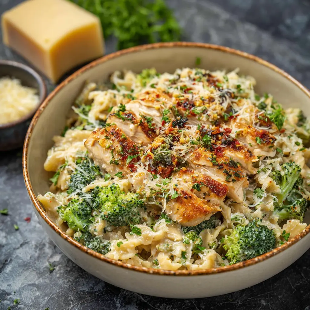 Parmesan Chicken Florentine Broccoli Pasta recipe, served and ready to eat, easy homemade dinner